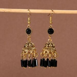 Jhumkas Earrings Black Rhinestones and Gold Drop Earrings